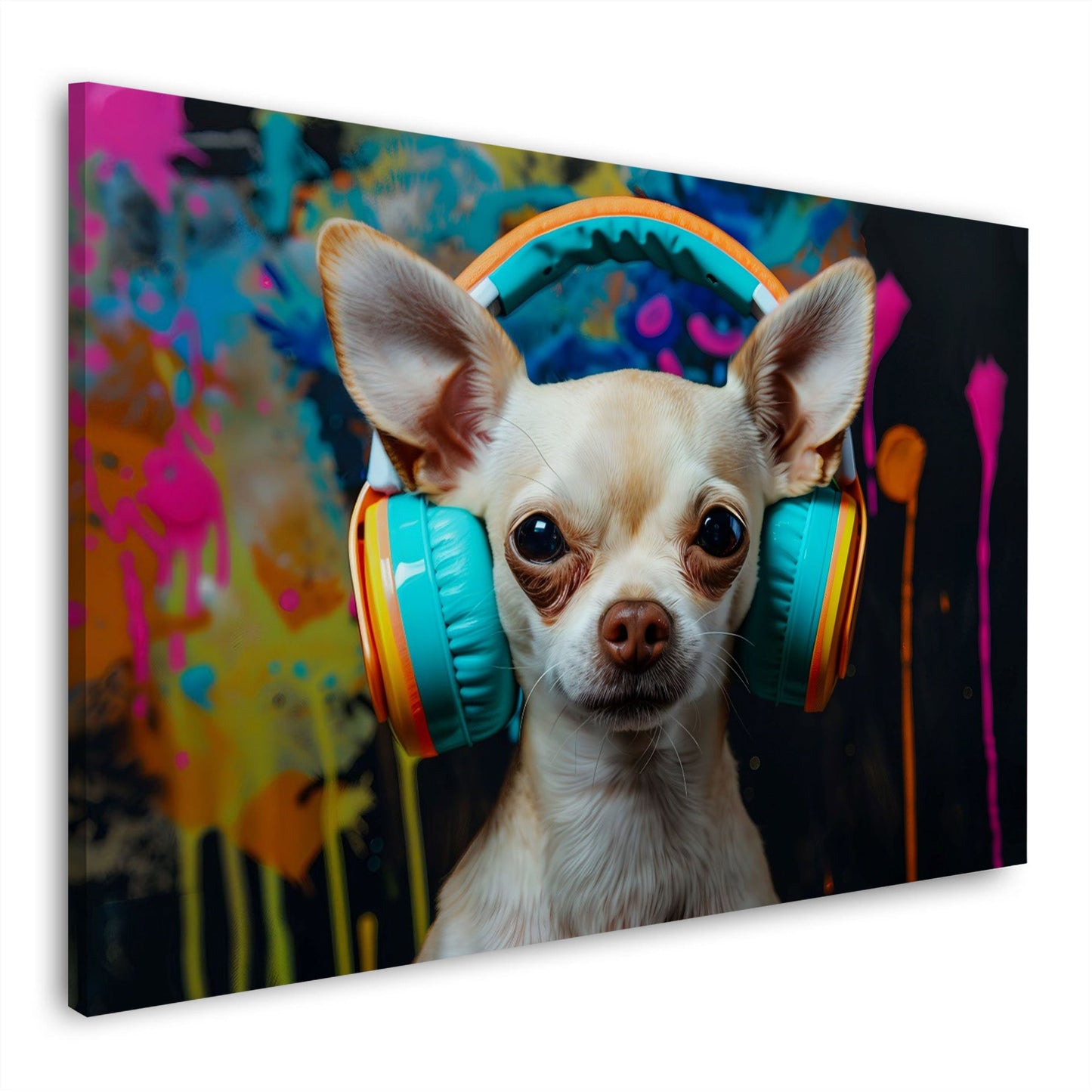 Chihuahua con cuffie colorato con colori intensi quadro