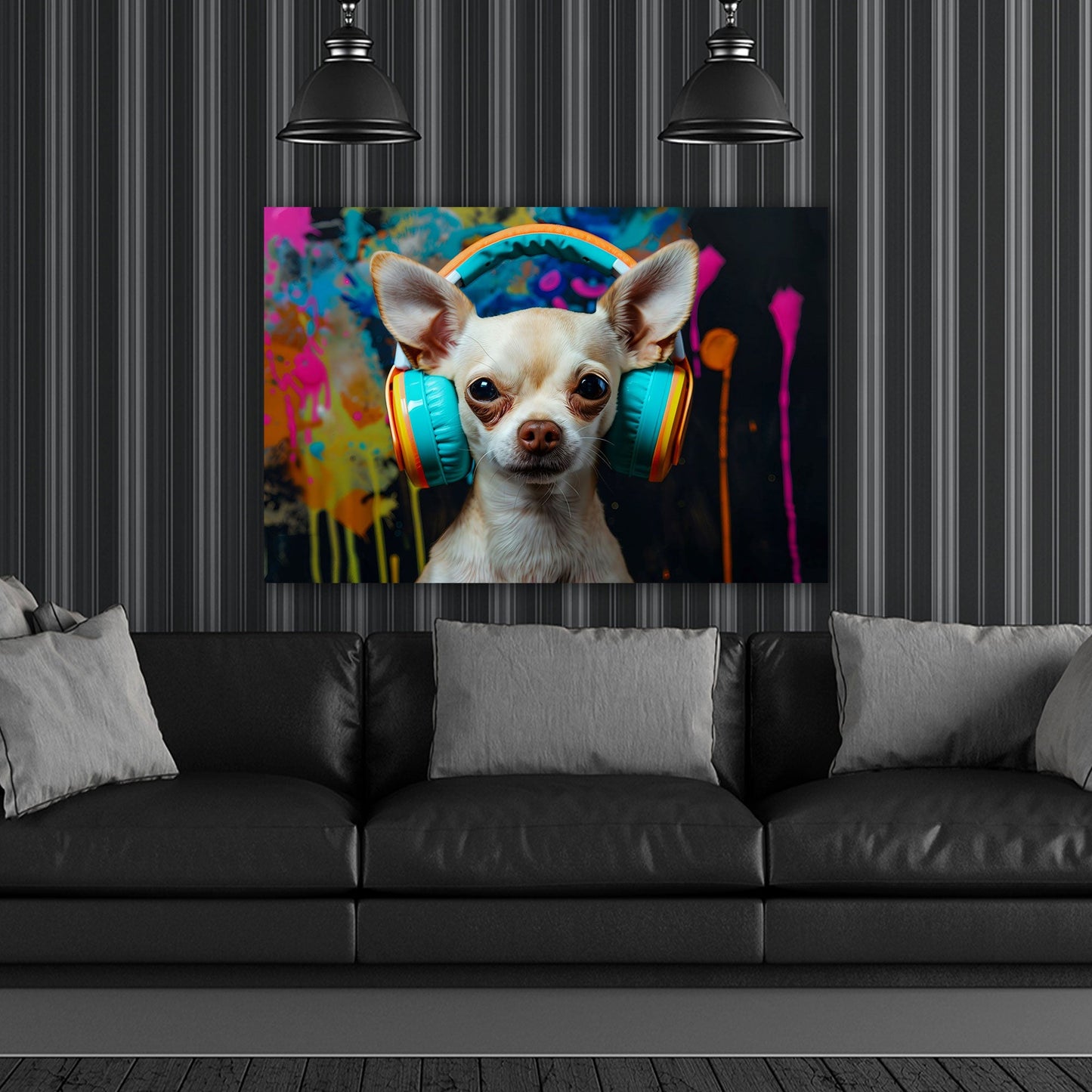 Chihuahua con cuffie colorato con colori intensi quadro