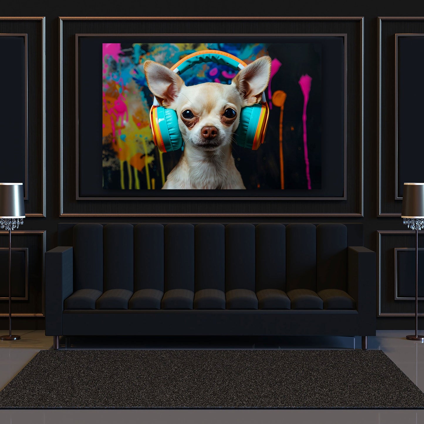 Chihuahua con cuffie colorato con colori intensi quadro