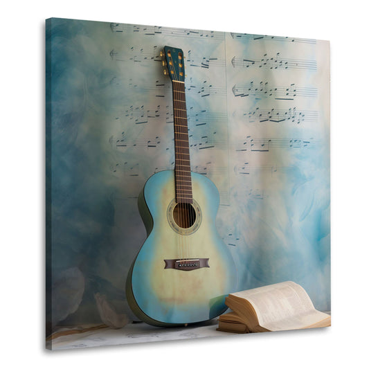 Chitarra blu con spartito e libro musicale quadro