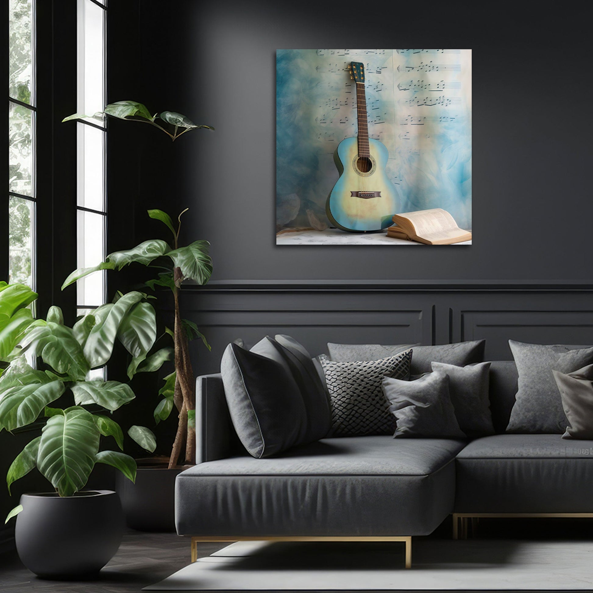 Chitarra blu con spartito e libro musicale quadro