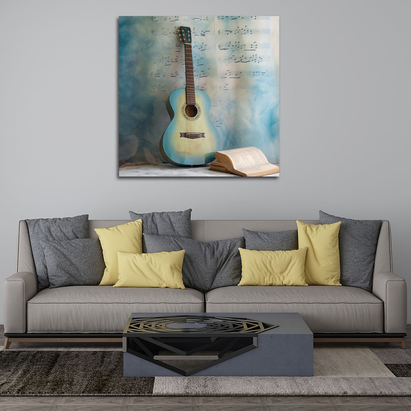 Chitarra blu con spartito e libro musicale quadro