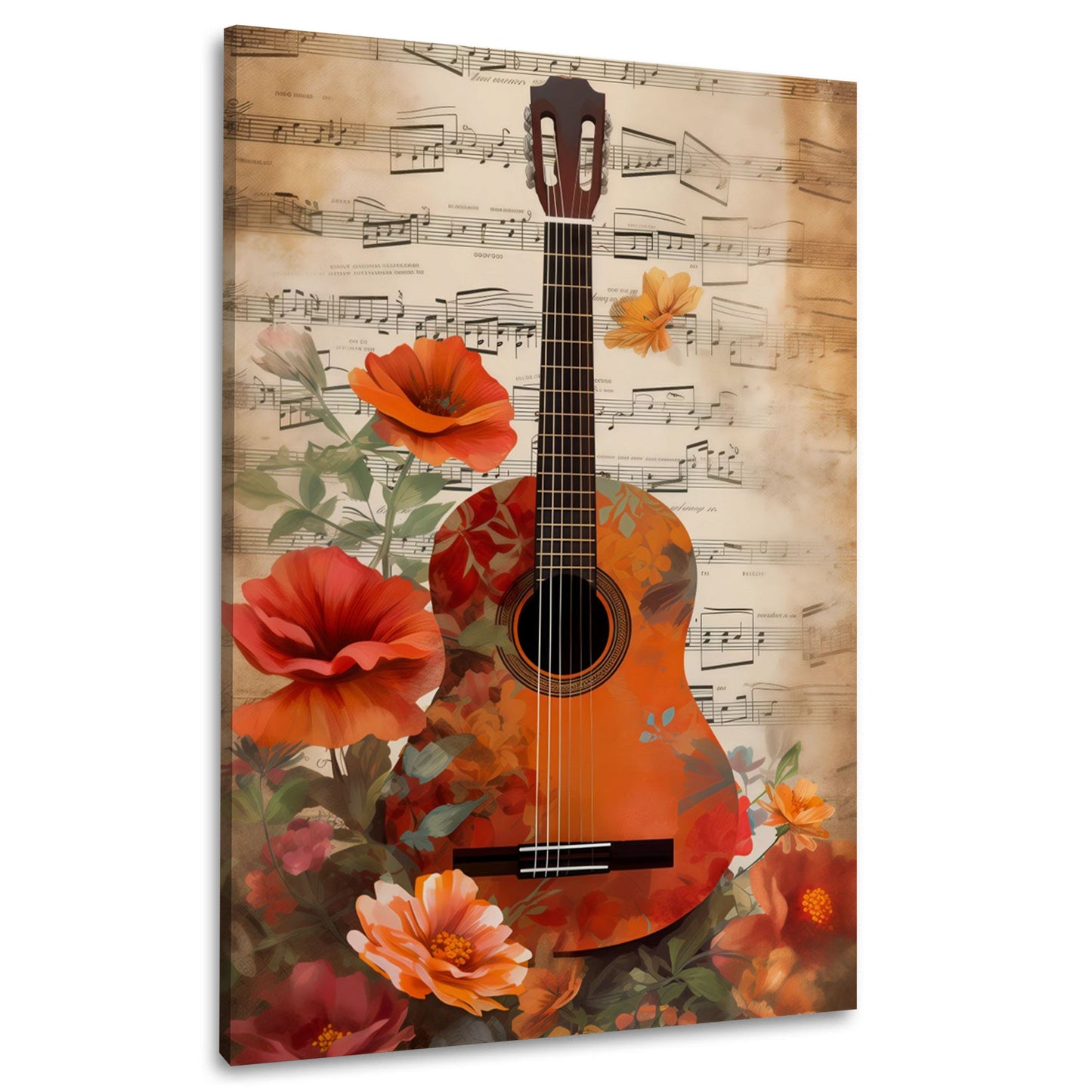 Chitarra con fiori e pentagramma romantico quadro