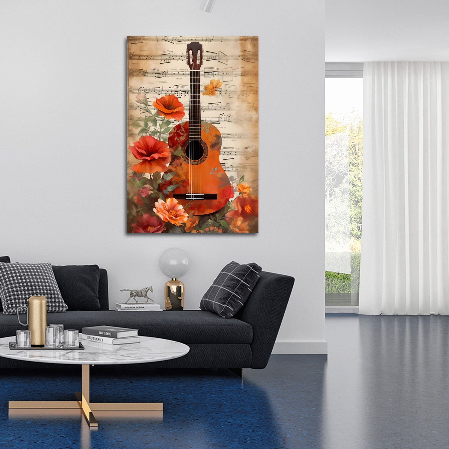 Chitarra con fiori e pentagramma romantico quadro