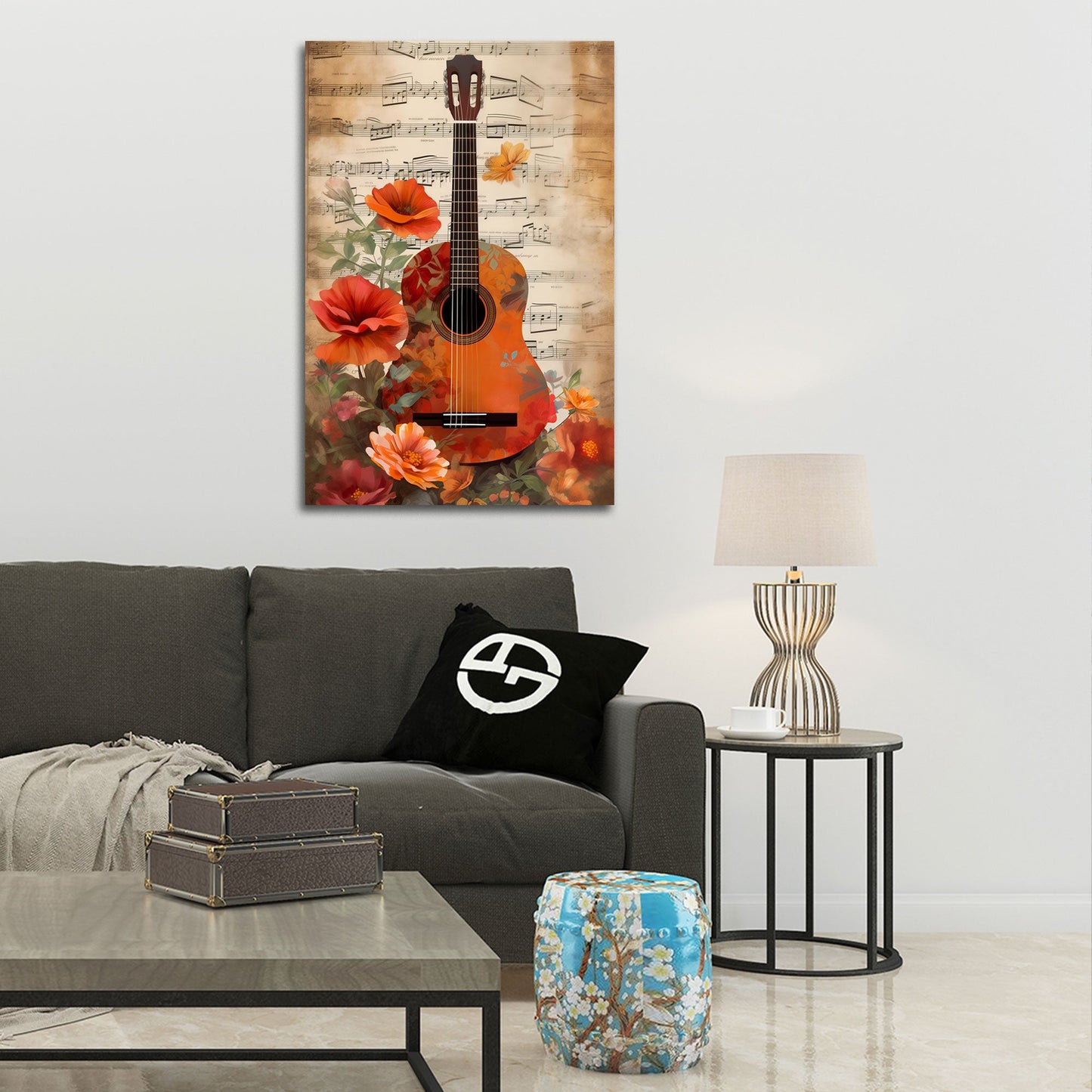 Chitarra con fiori e pentagramma romantico quadro