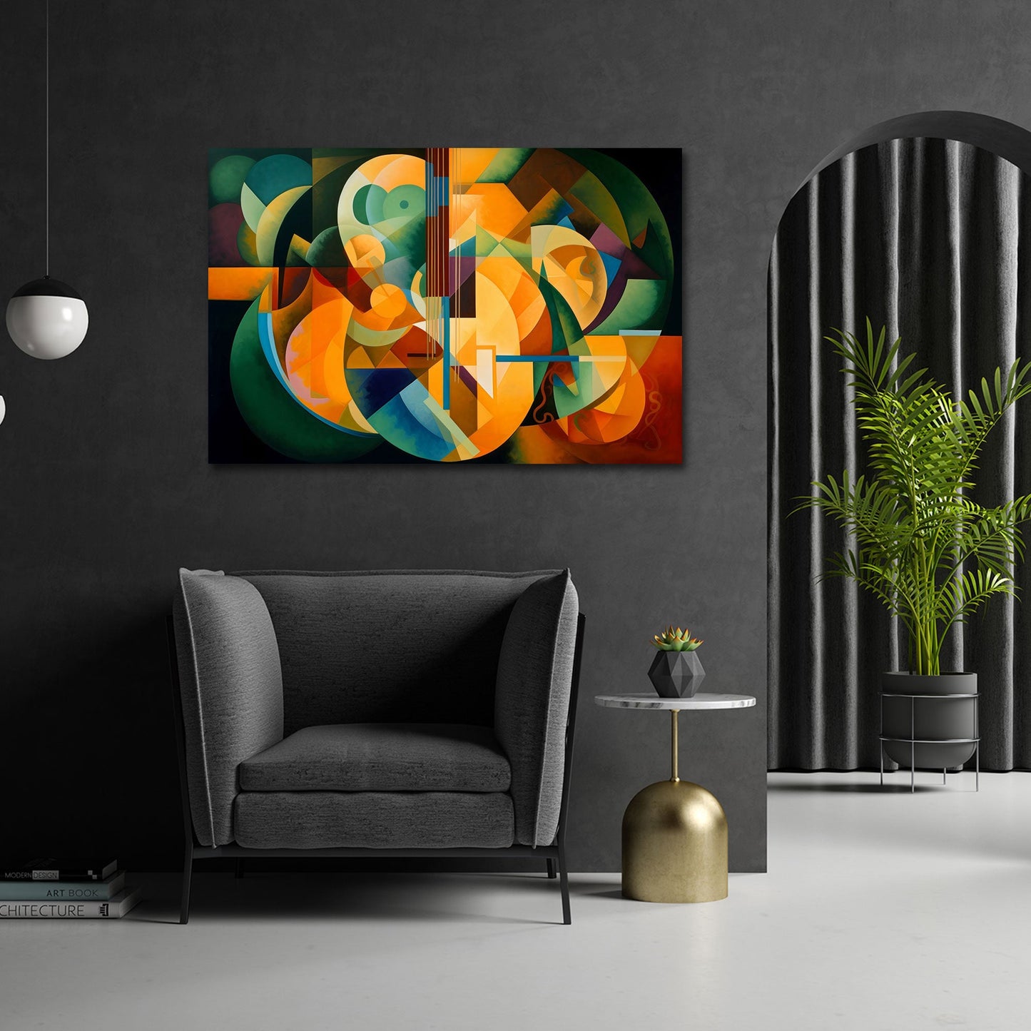 Chitarra cubista in arancione e verde quadro