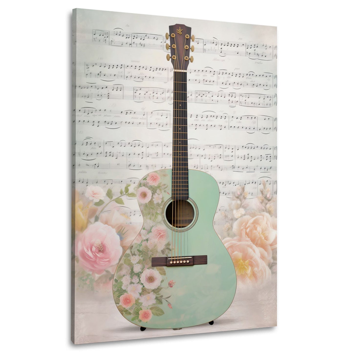 Chitarra verde menta con fiori e pentagramma quadro