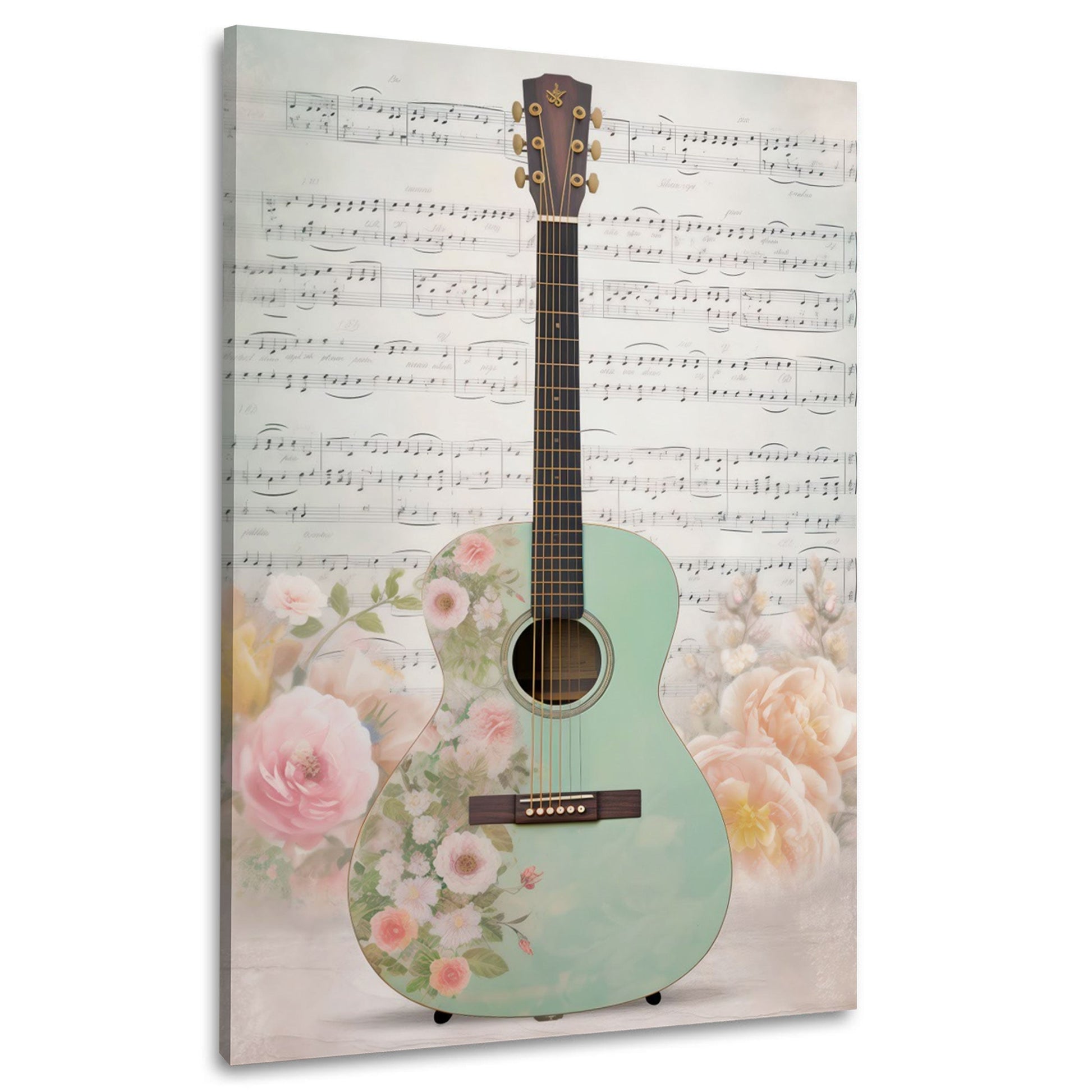 Chitarra verde menta con fiori e pentagramma quadro