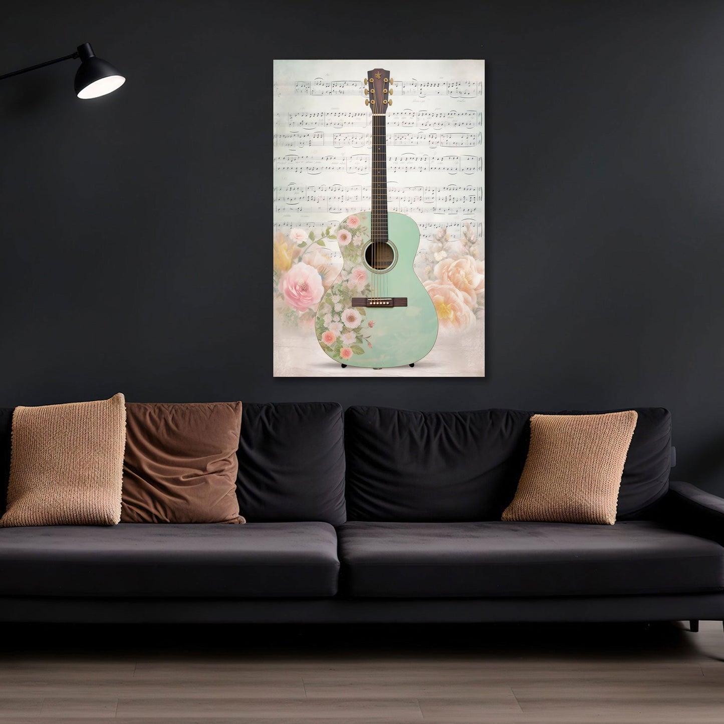 Chitarra verde menta con fiori e pentagramma quadro