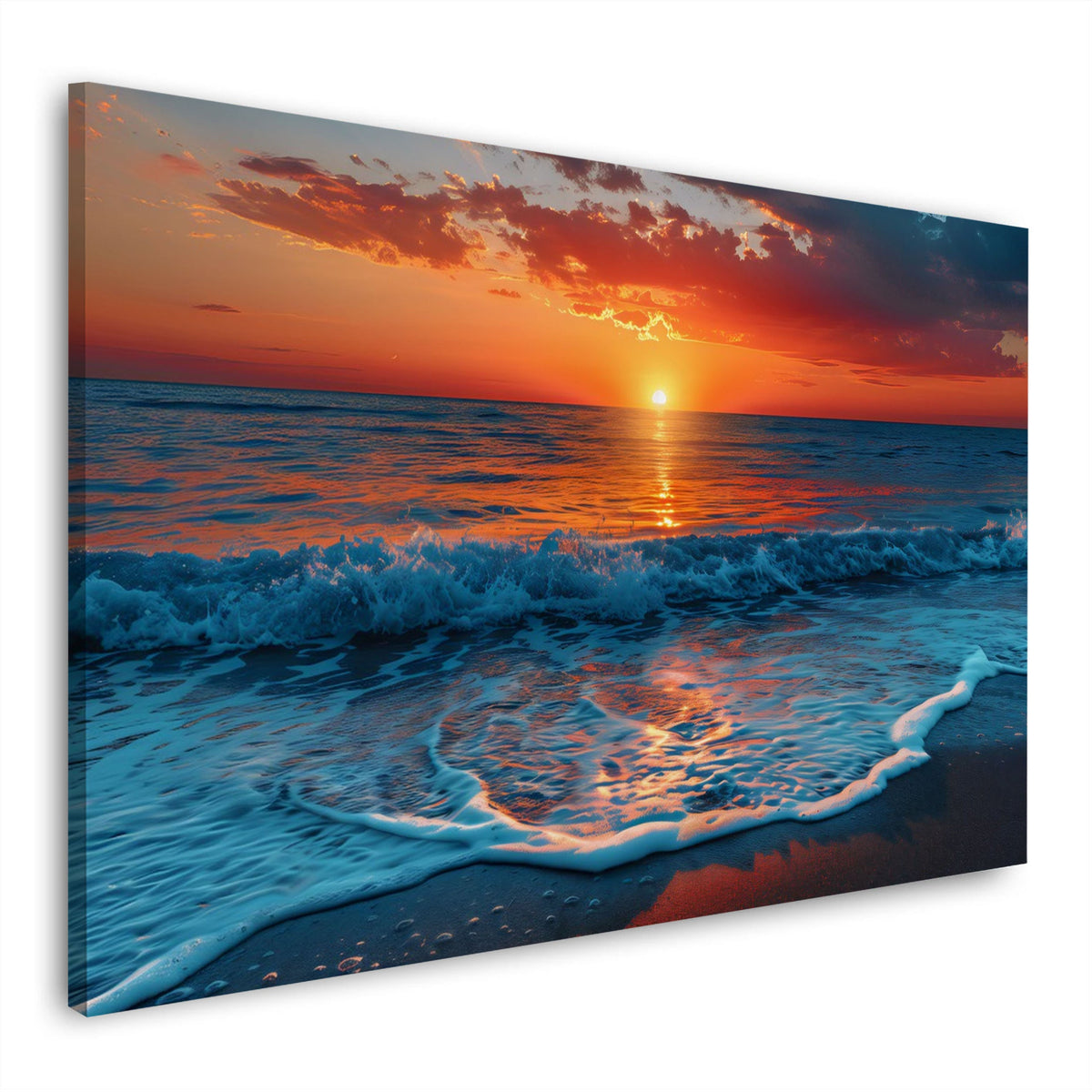 Cielo rosso al tramonto sul mare con onde e spiaggia quadro