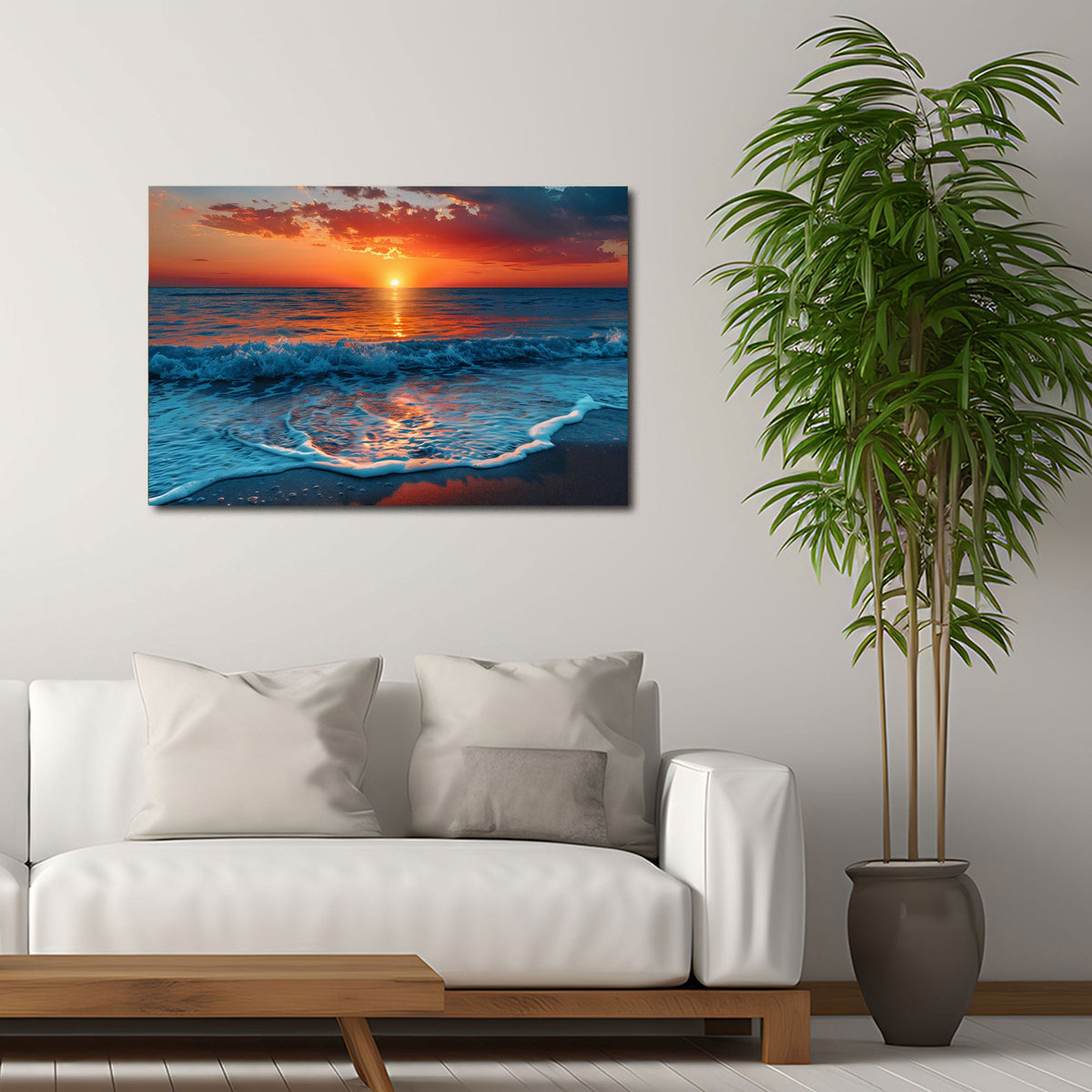 Cielo rosso al tramonto sul mare con onde e spiaggia quadro