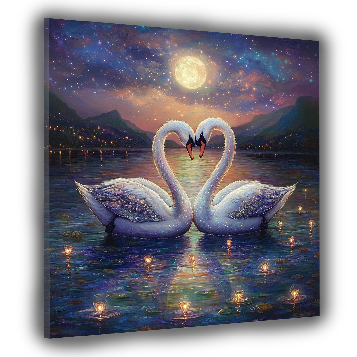 Cigni lago amore notte luna romantica quadro
