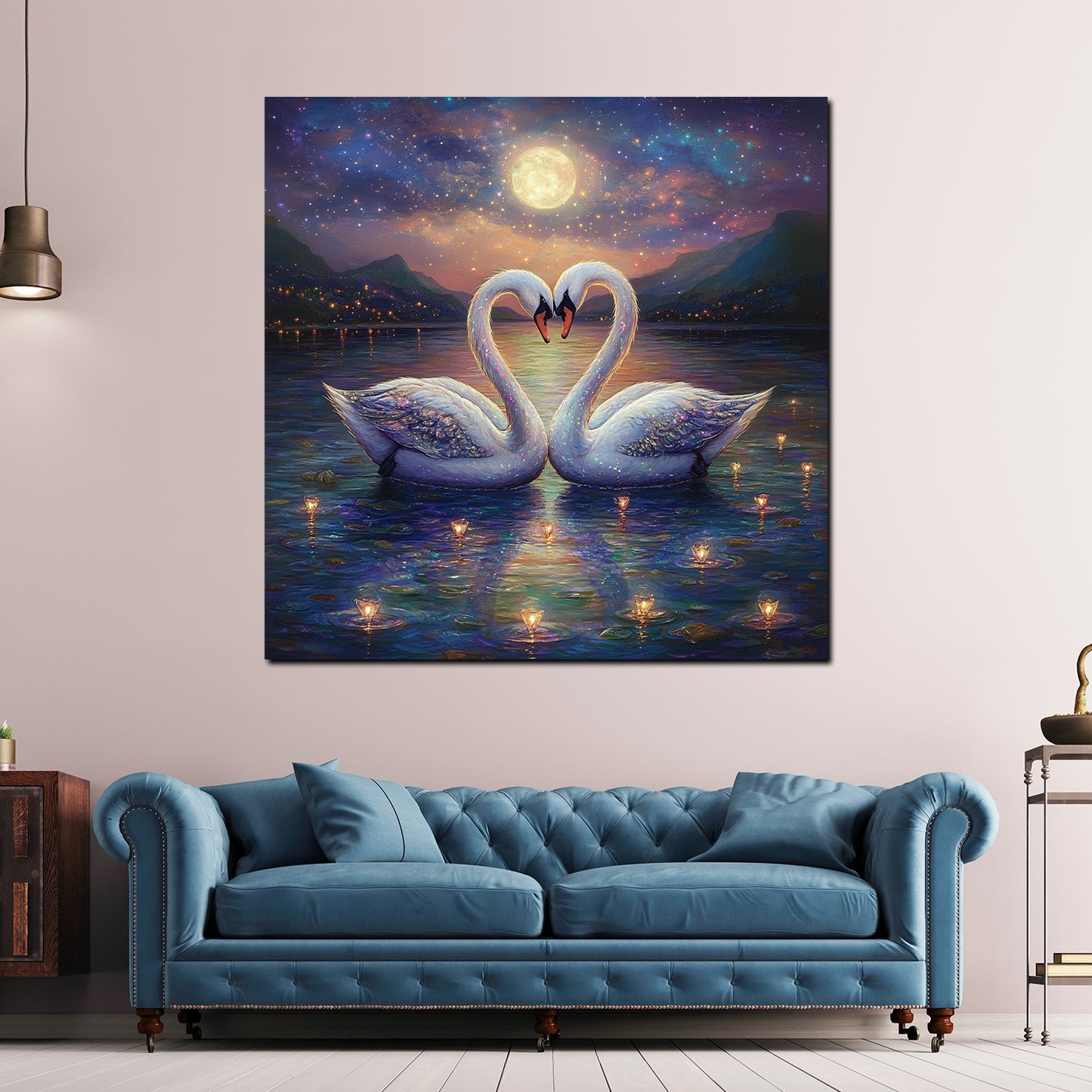 Cigni lago amore notte luna romantica quadro