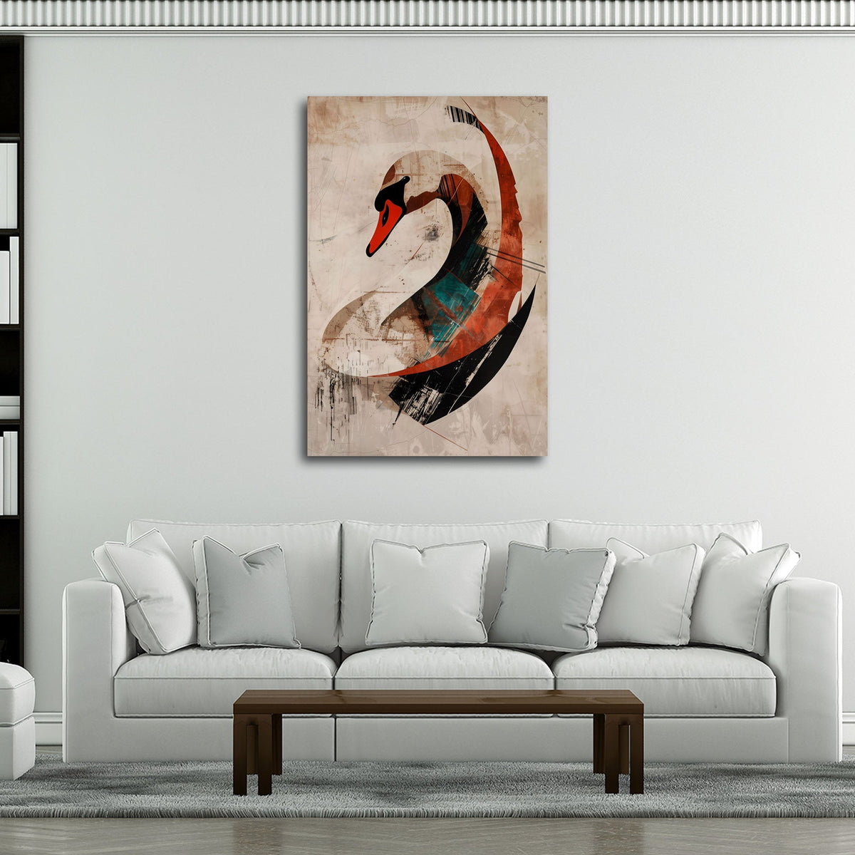 Cigno astratto con linee curve in arancio e nero moderno quadro
