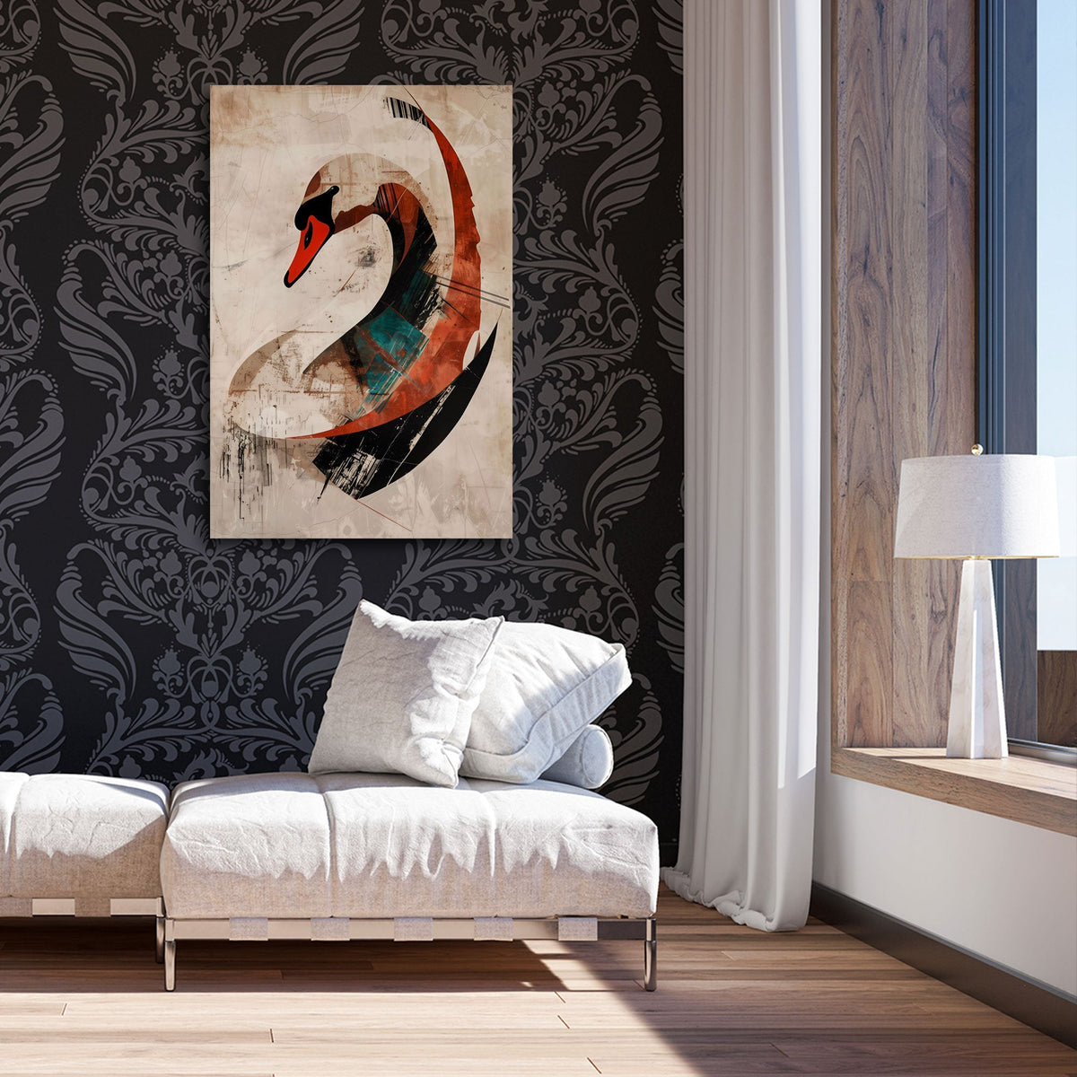 Cigno astratto con linee curve in arancio e nero moderno quadro