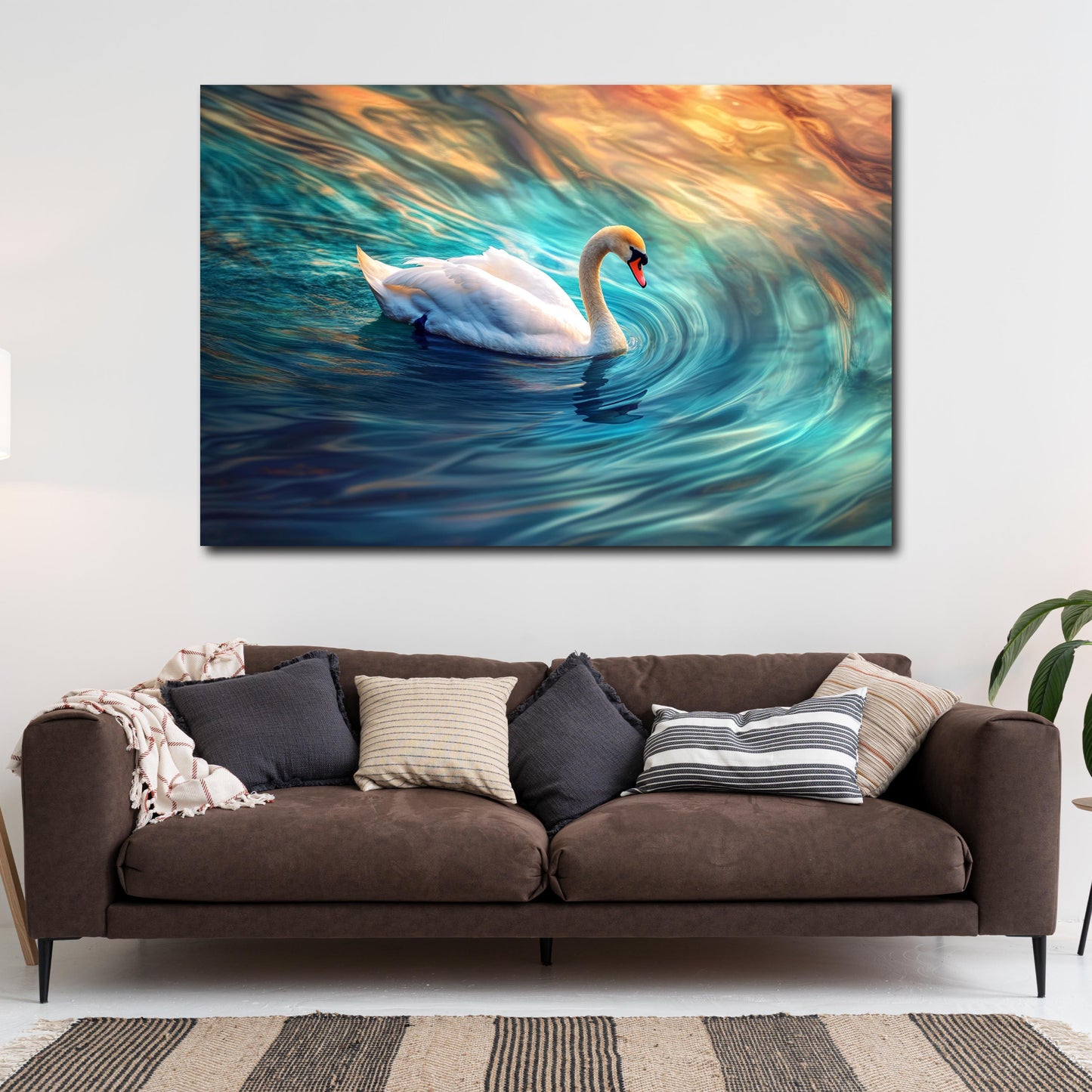 Cigno elegante vortice d’acqua colori del tramonto quadro