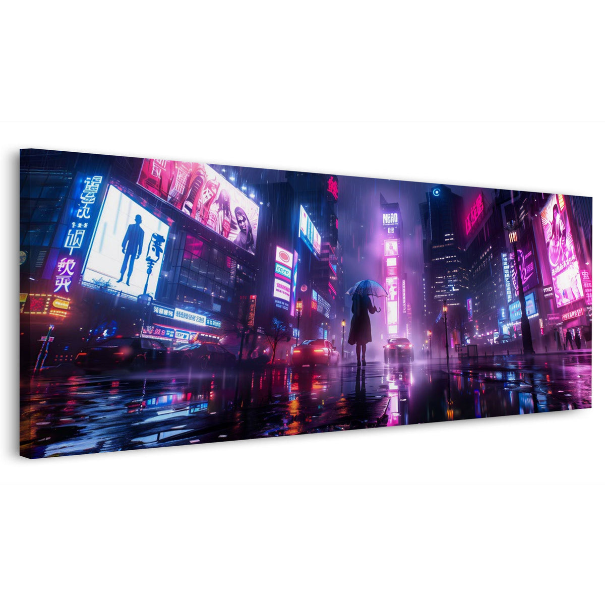 Città al neon sotto la pioggia con figura tra le luci quadro