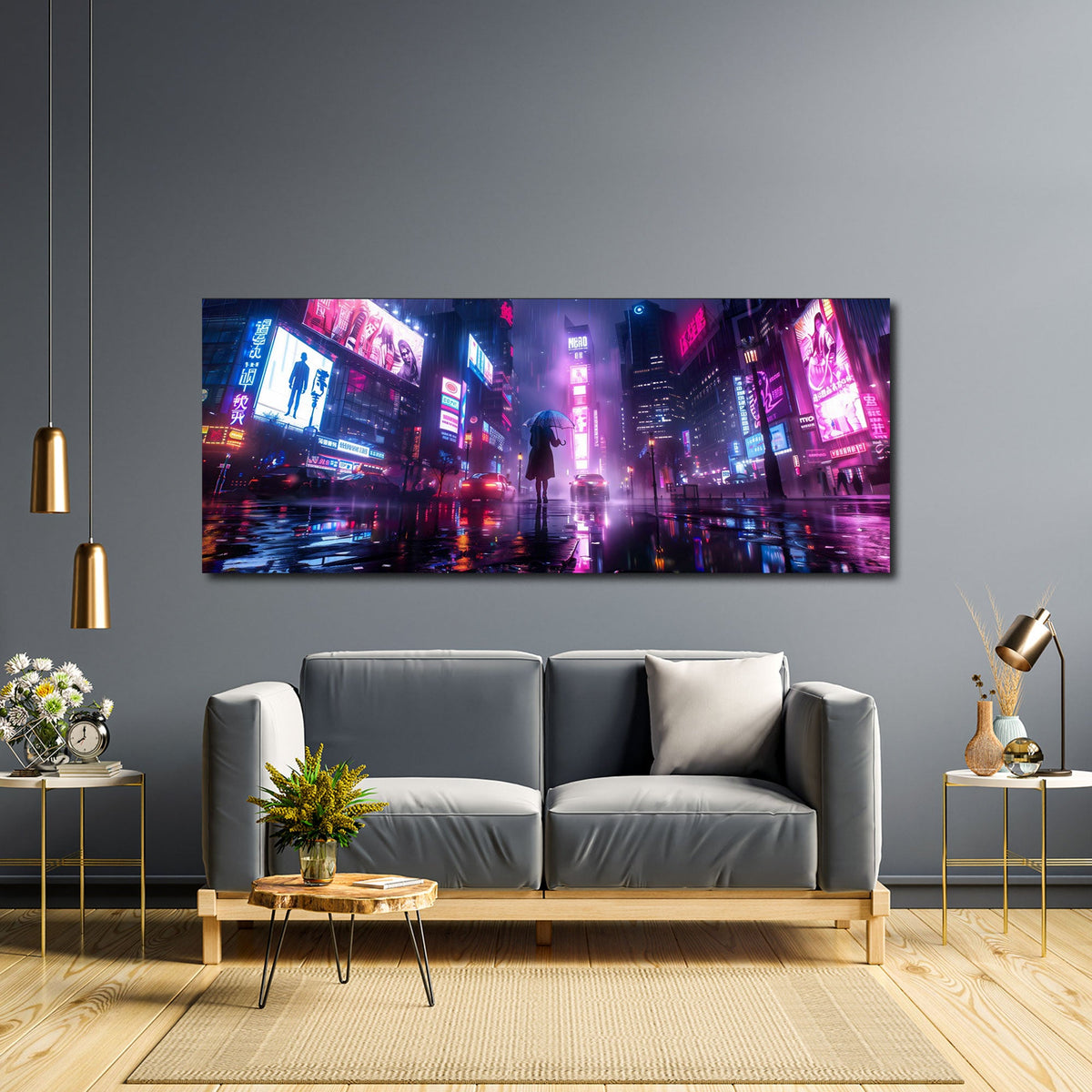 Città al neon sotto la pioggia con figura tra le luci quadro