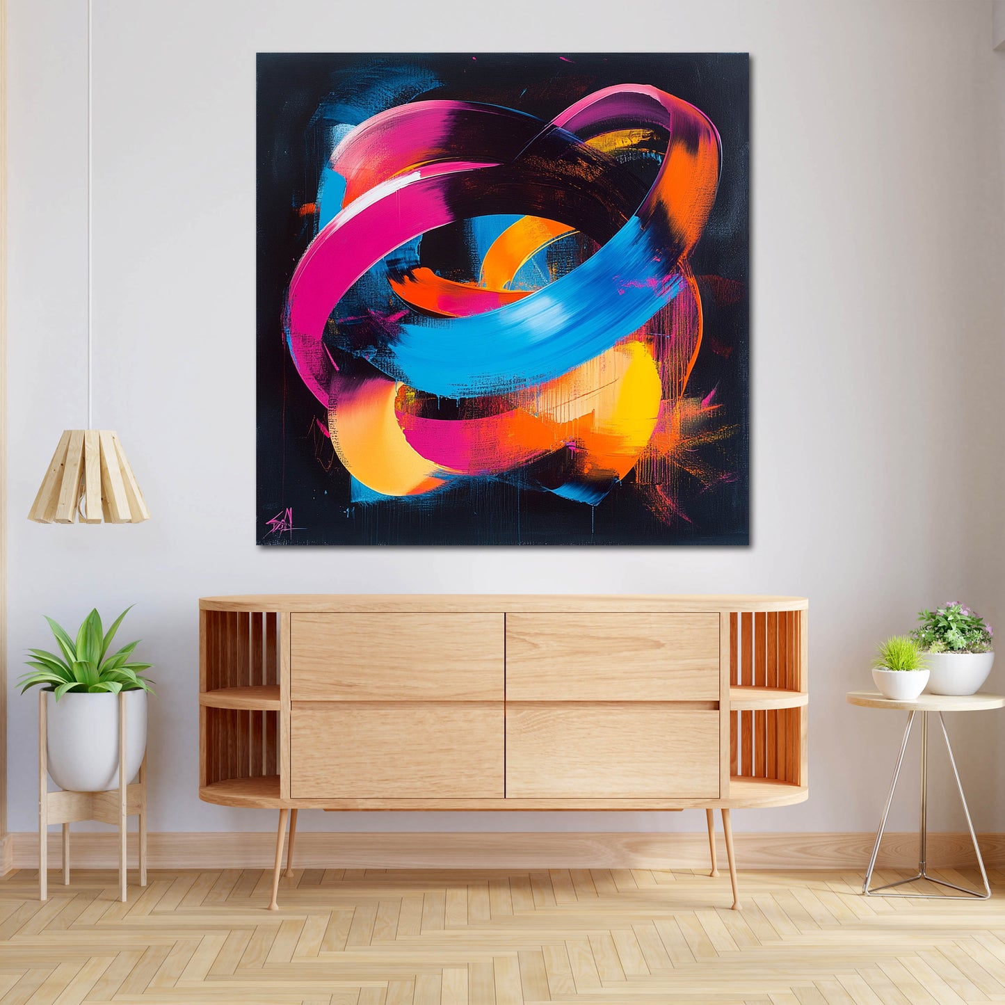 Colori neon cerchi astratti su sfondo scuro quadro