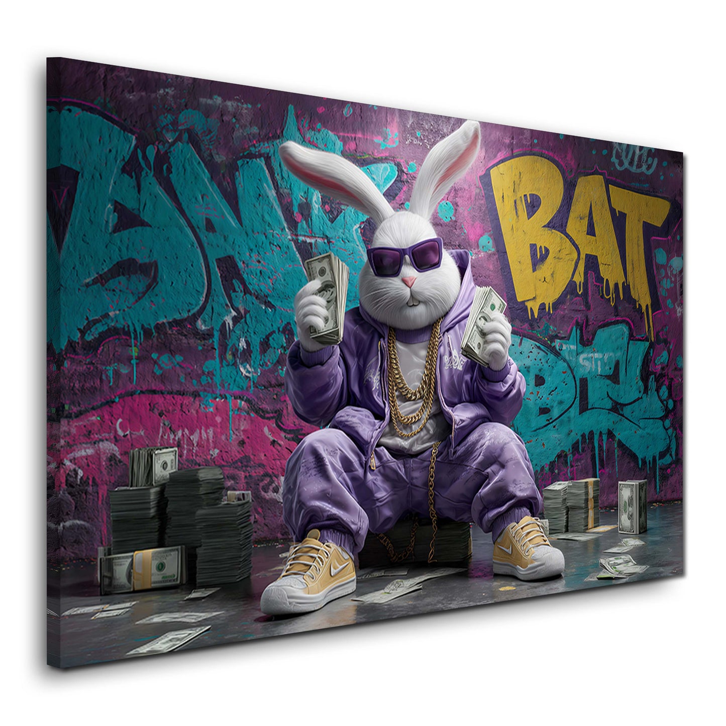 Coniglio bianco in tuta viola con banconote graffiti quadro