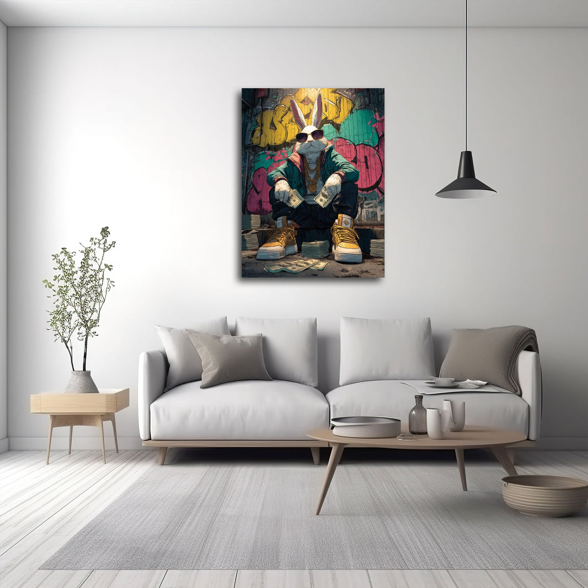 Quadro coniglio streetwear in soggiorno