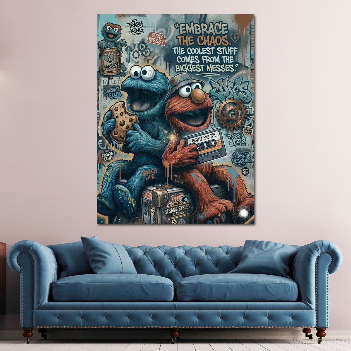 Peluche blu e rosso Graffiti Embrace the Chaos Street Art quadro