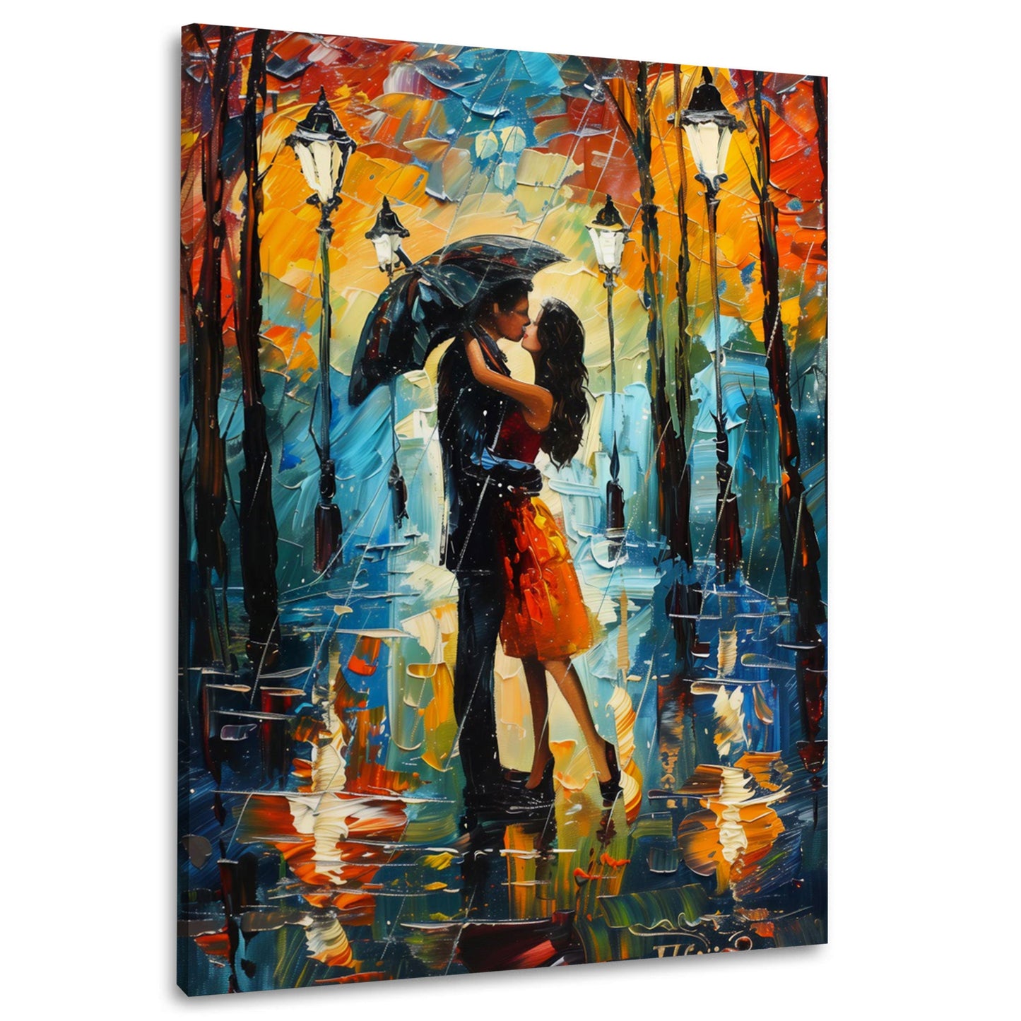 Coppia bacio pioggia scena romantica con ombrello quadro