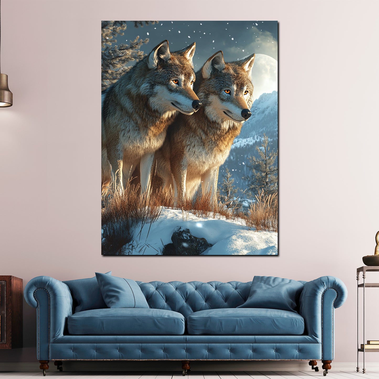 Coppia di lupi neve paesaggio invernale quadro