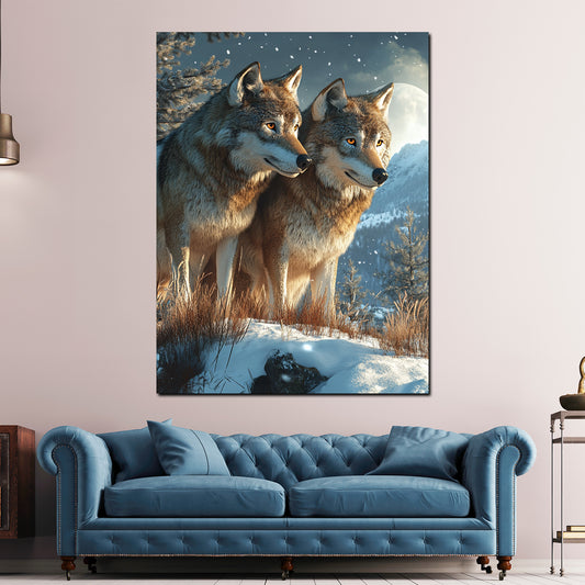 Coppia di lupi neve paesaggio invernale quadro