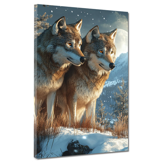 Coppia di lupi neve paesaggio invernale quadro