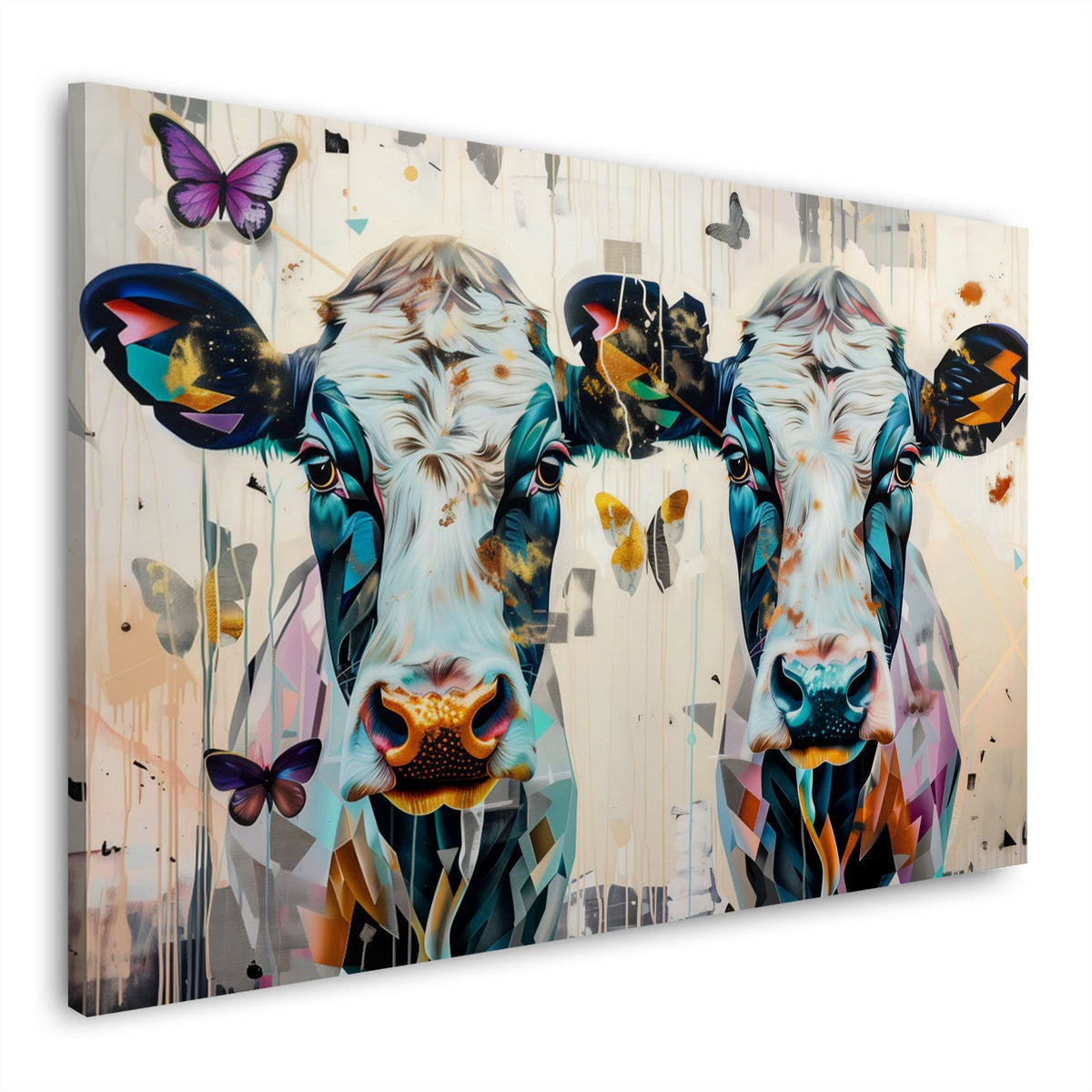 Coppia di mucche in bianco e nero con farfalle colorate quadro