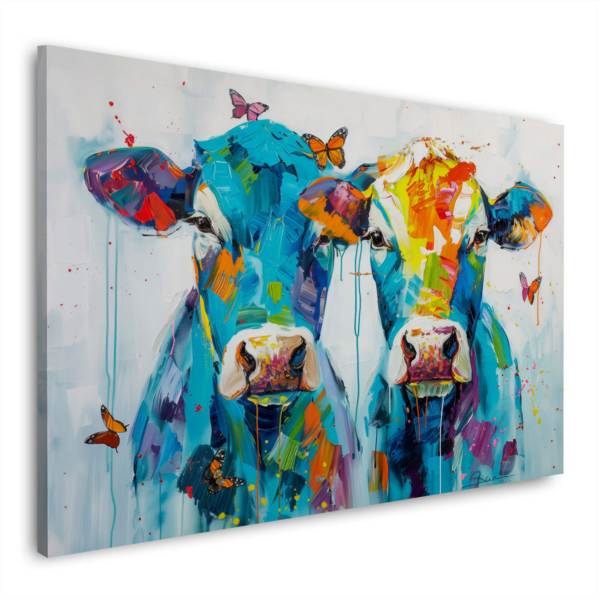 Coppia di mucche in blu e giallo con schizzi di colore quadro