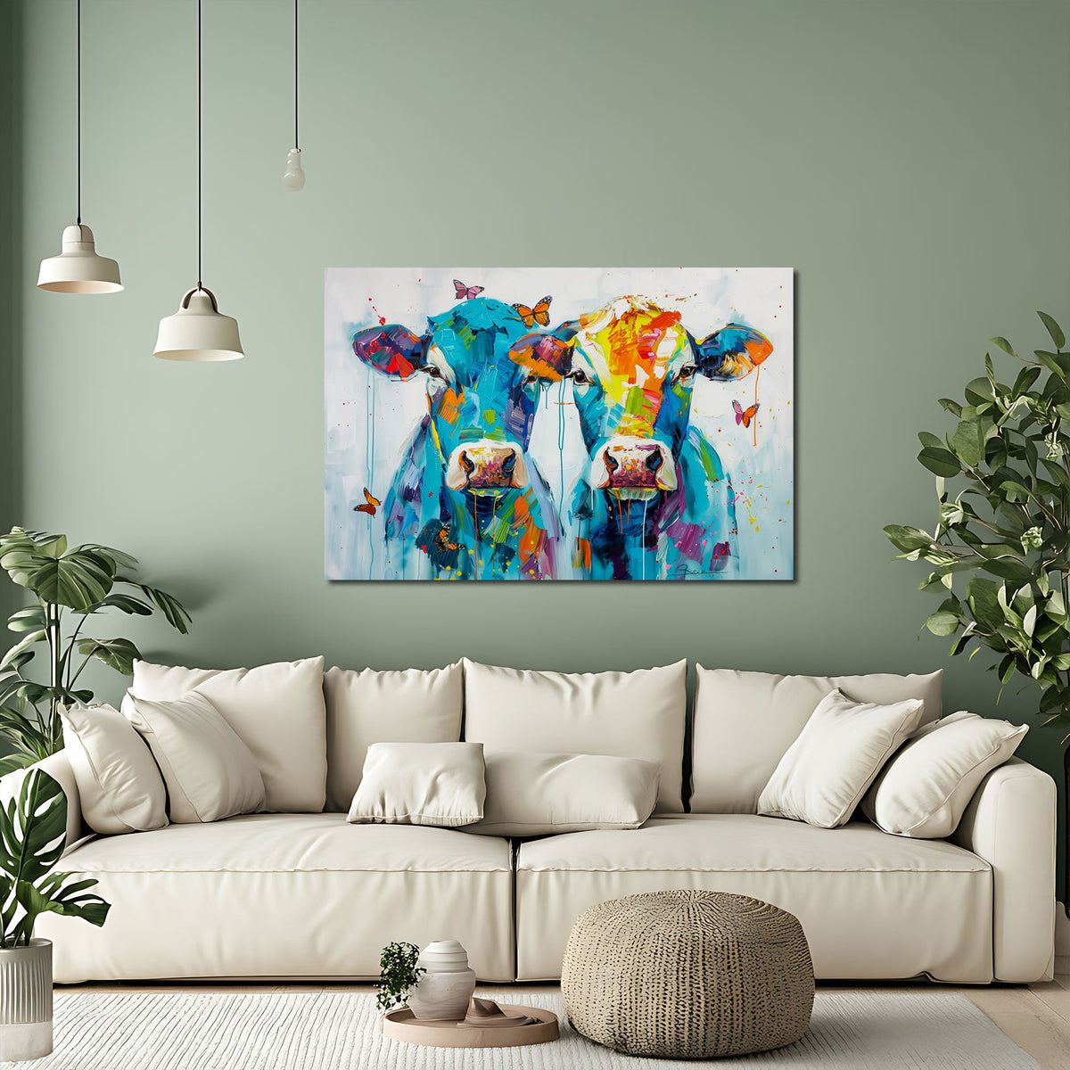 Quadro mucche pop art in soggiorno