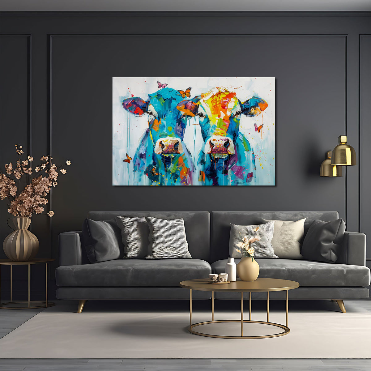 Quadro mucche pop art ambientato