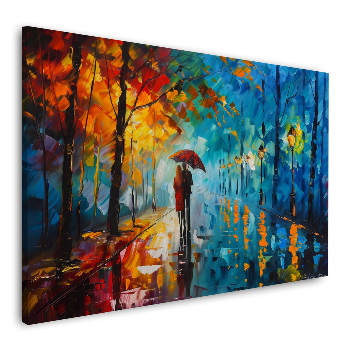 Coppia innamorata sotto l'ombrello nel parco autunnale quadro