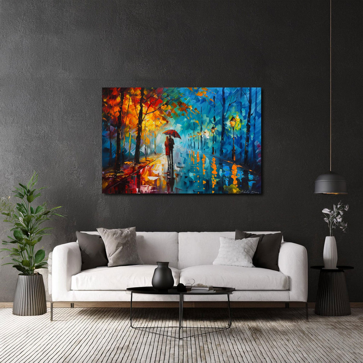 Coppia innamorata sotto l'ombrello nel parco autunnale quadro