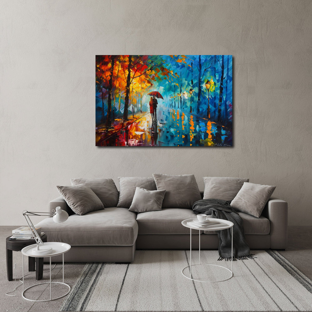 Coppia innamorata sotto l'ombrello nel parco autunnale quadro