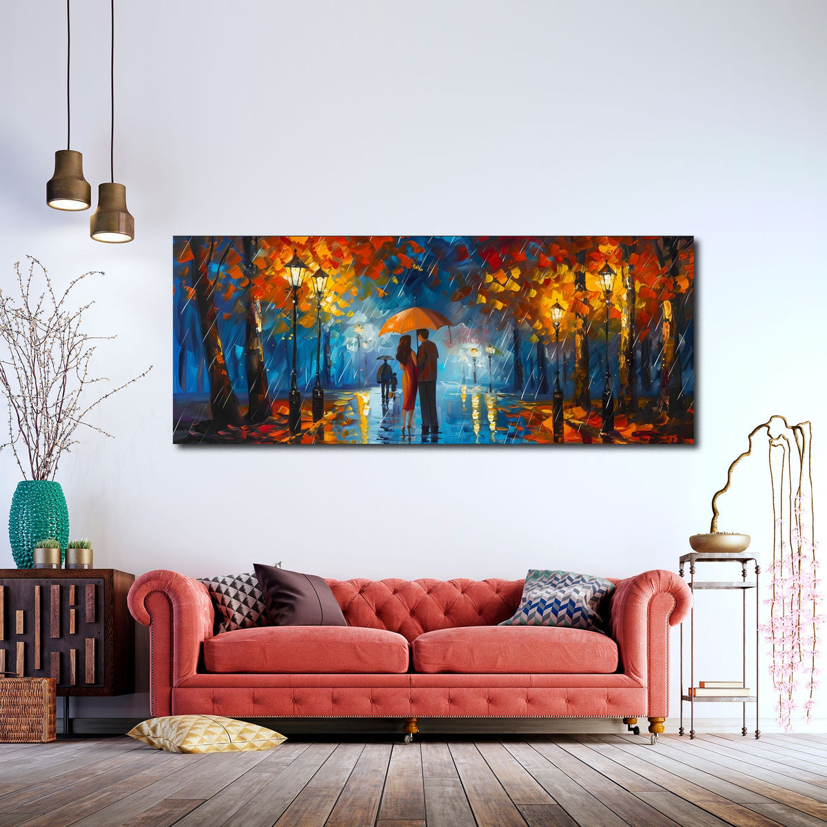 Coppia sotto la pioggia d'autunno nel parco panorama quadro