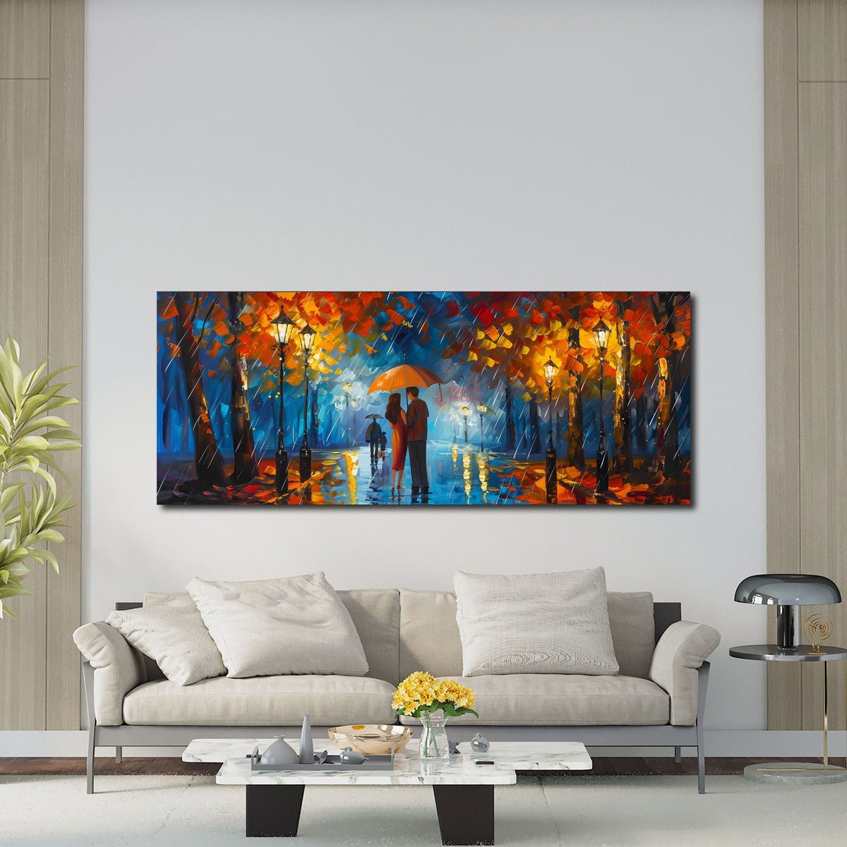 Coppia sotto la pioggia d'autunno nel parco panorama quadro