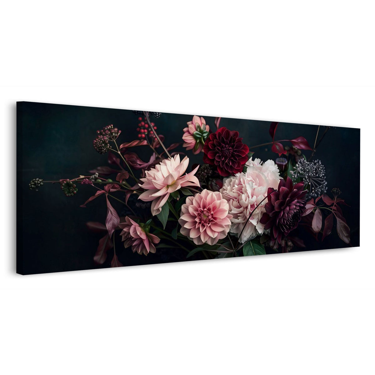 Dalie rosa e bordeaux su sfondo scuro formato panorama quadro