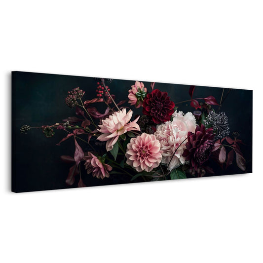 Dalie rosa e bordeaux su sfondo scuro formato panorama quadro