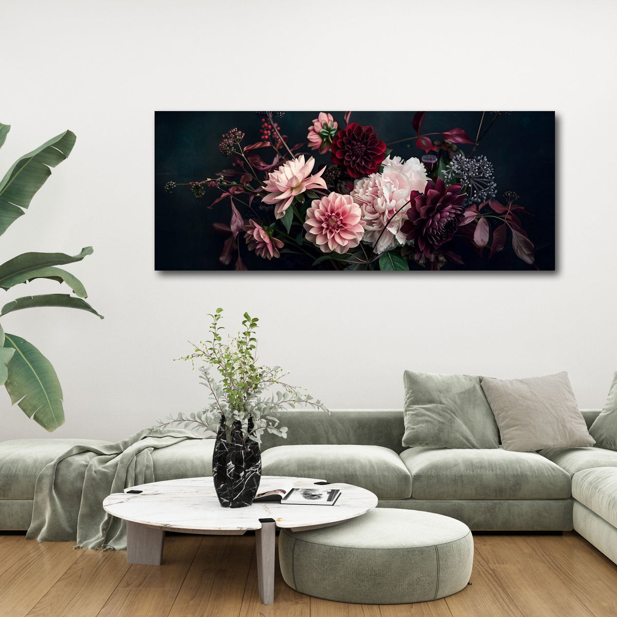 Dalie rosa e bordeaux su sfondo scuro formato panorama quadro