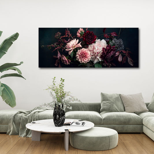 Dalie rosa e bordeaux su sfondo scuro formato panorama quadro
