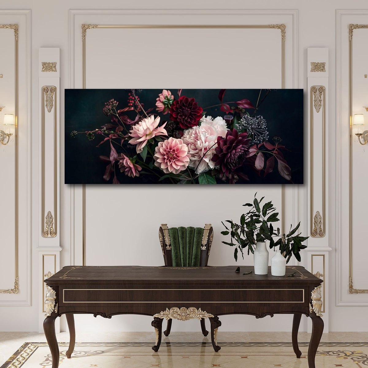 Dalie rosa e bordeaux su sfondo scuro formato panorama quadro