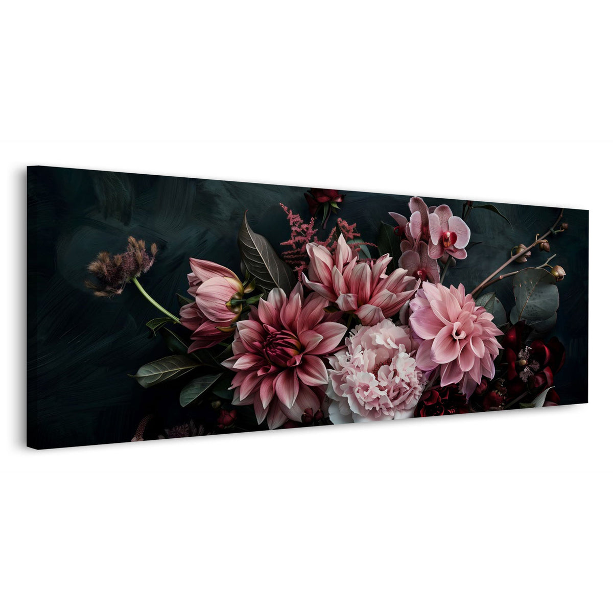 Dalie rosa e orchidee su sfondo scuro formato panorama quadro