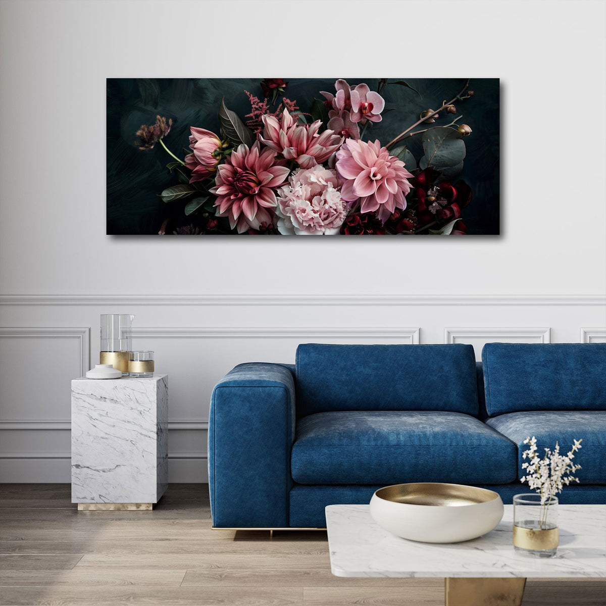 Dalie rosa e orchidee su sfondo scuro formato panorama quadro