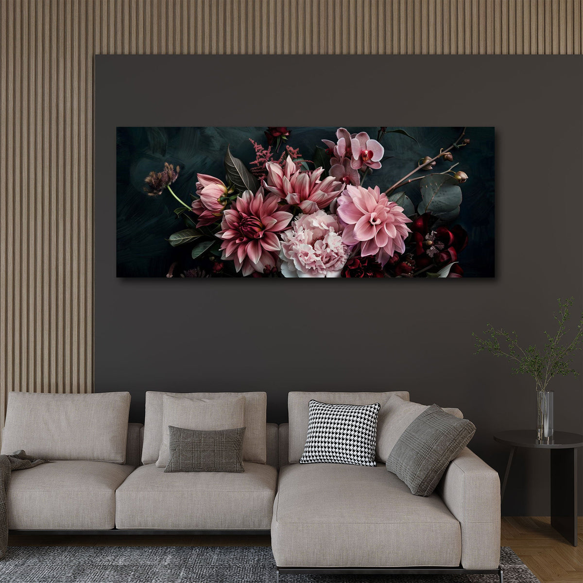 Dalie rosa e orchidee su sfondo scuro formato panorama quadro