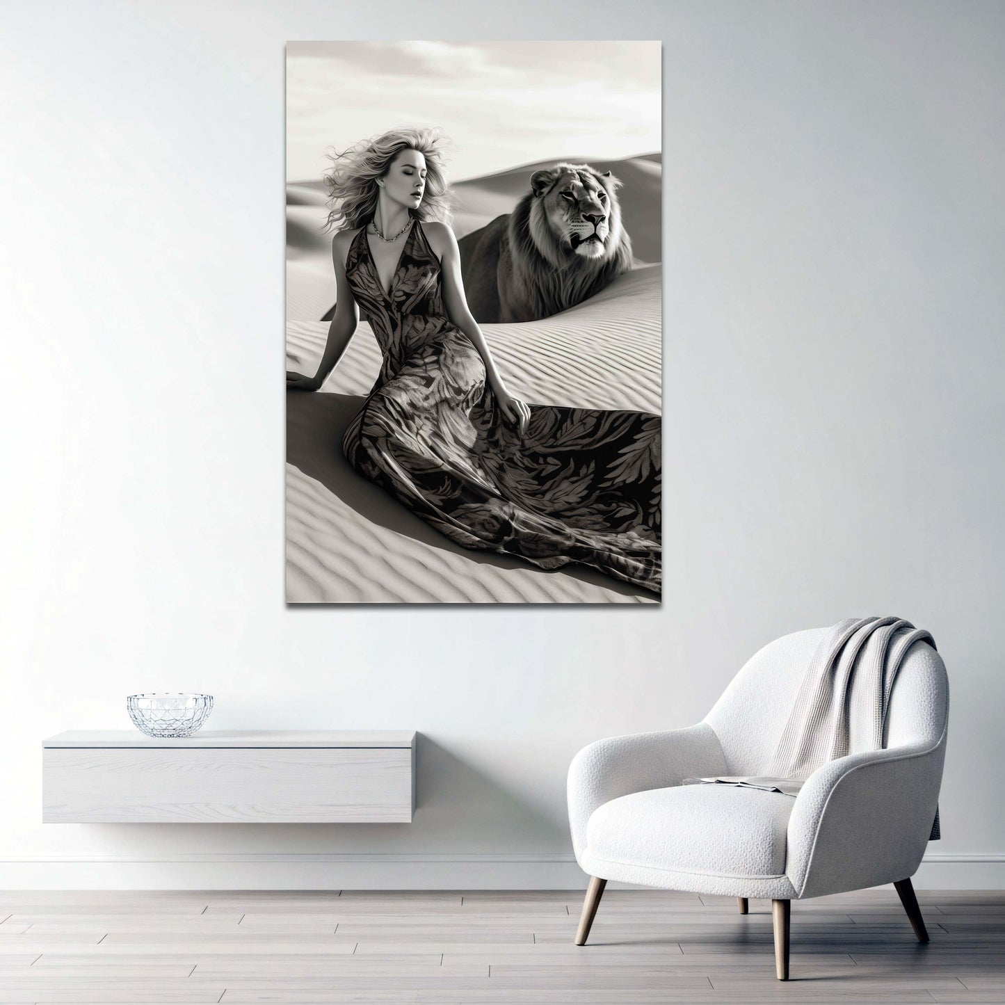 Donna abito elegante deserto leone bianco nero quadro