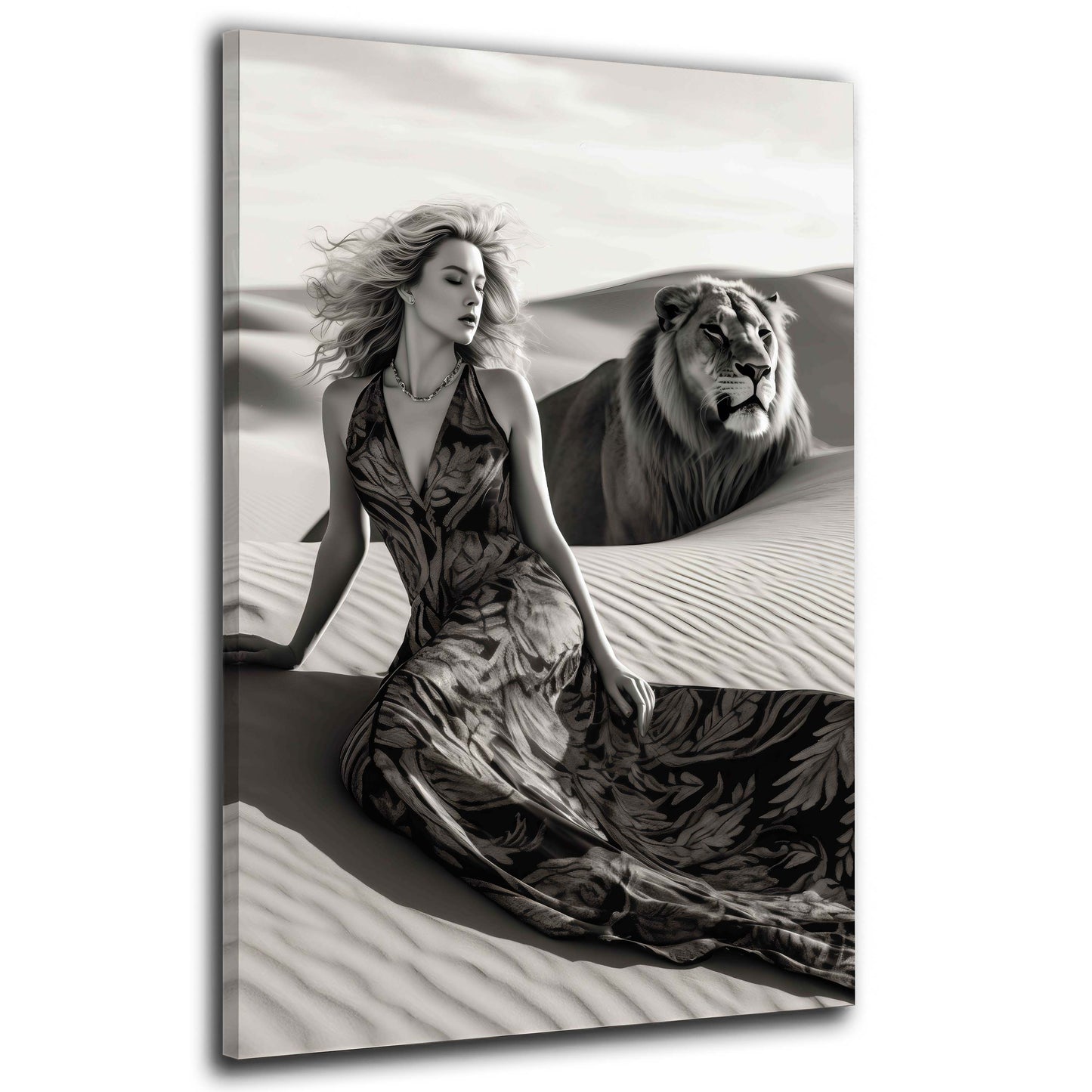 Donna abito elegante deserto leone bianco nero quadro
