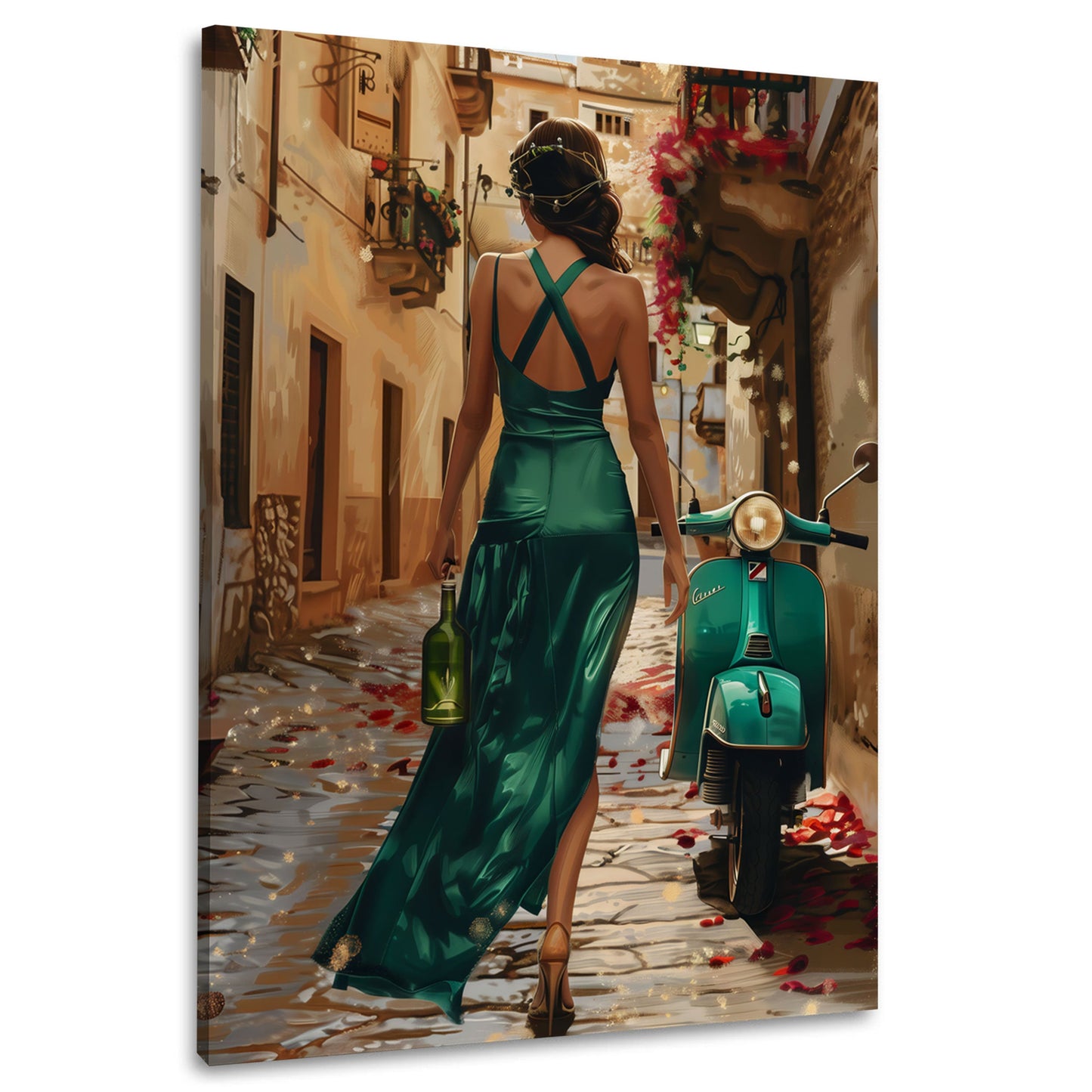 Donna abito verde Vespa strada dai colori vivaci quadro